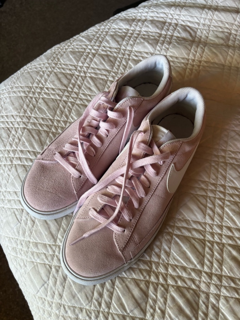Nike Women’s Light Pink Suede Low-Top Sneakers with White Swoosh